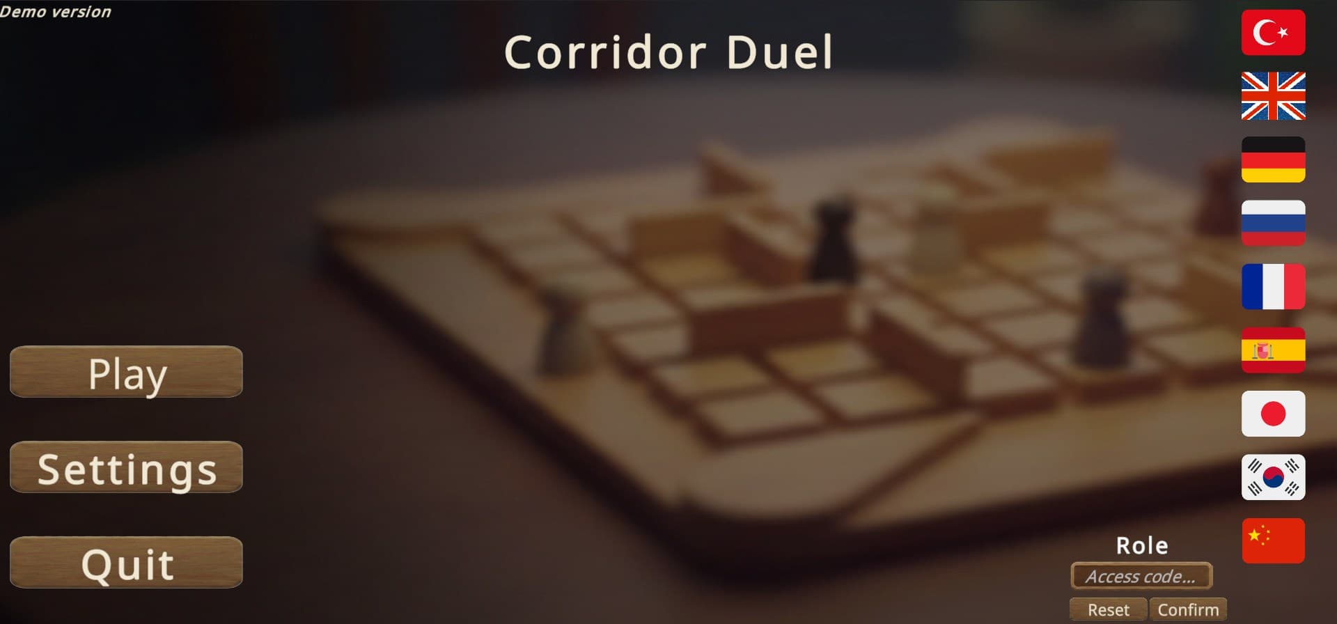 Corridor Duel main menu with play, settings, quit, and multiple language-selection controls.