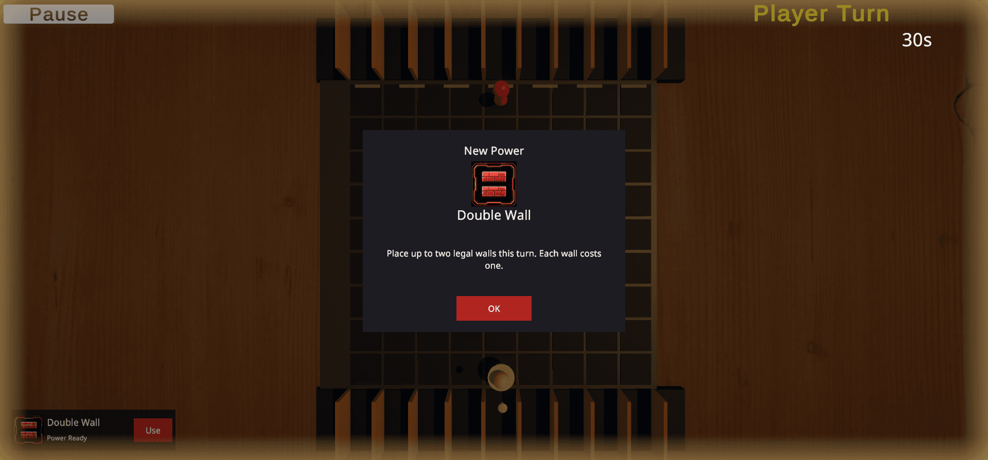 Corridor Duel Crazy Mode match showing an optional power notification over the board.