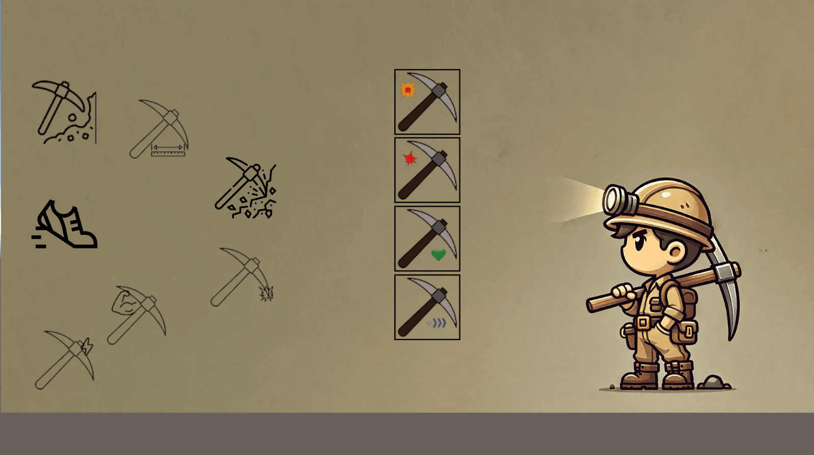 Crystal Miner upgrade-system concept showing pickaxe states and the miner character.