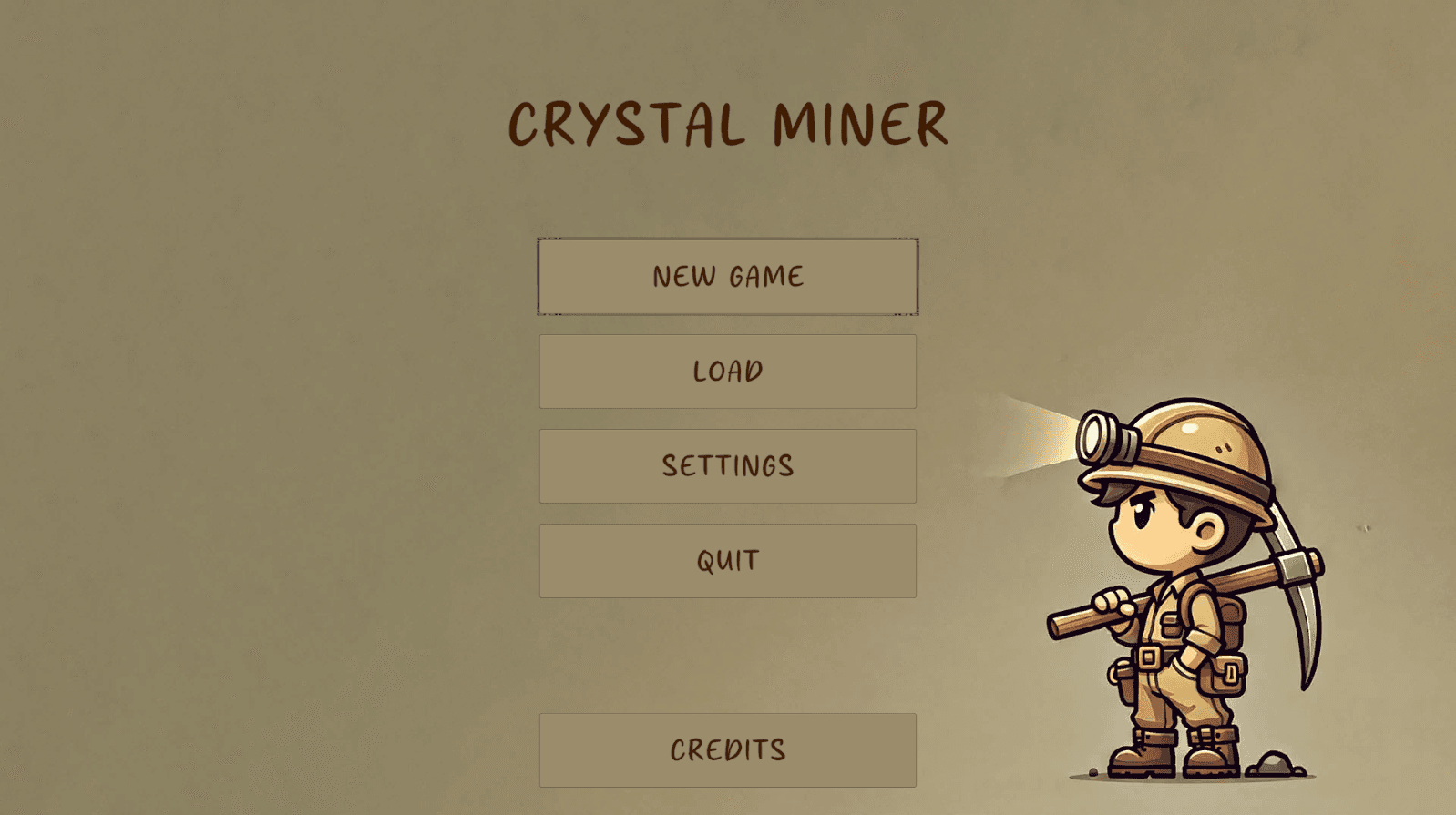 Crystal Miner main menu with new game, load, settings, quit, and credits options.
