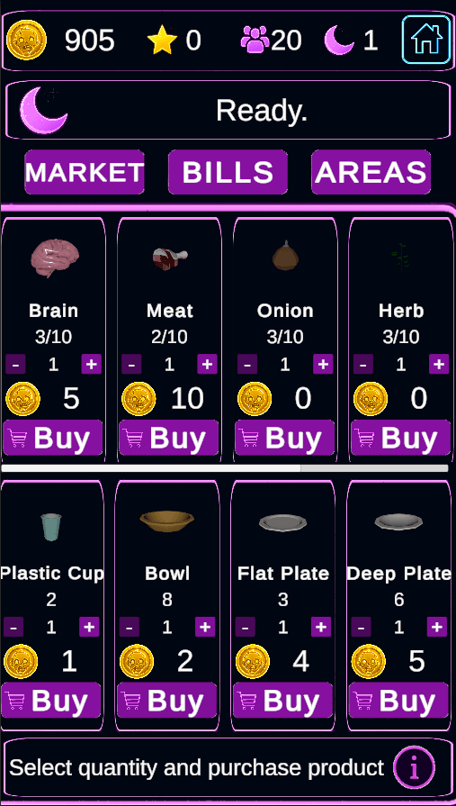 Gece Marketi daytime market interface listing food and serving supplies available to purchase.