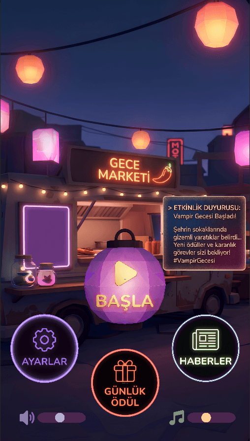 Gece Marketi portrait main menu centered on the food truck and start control.