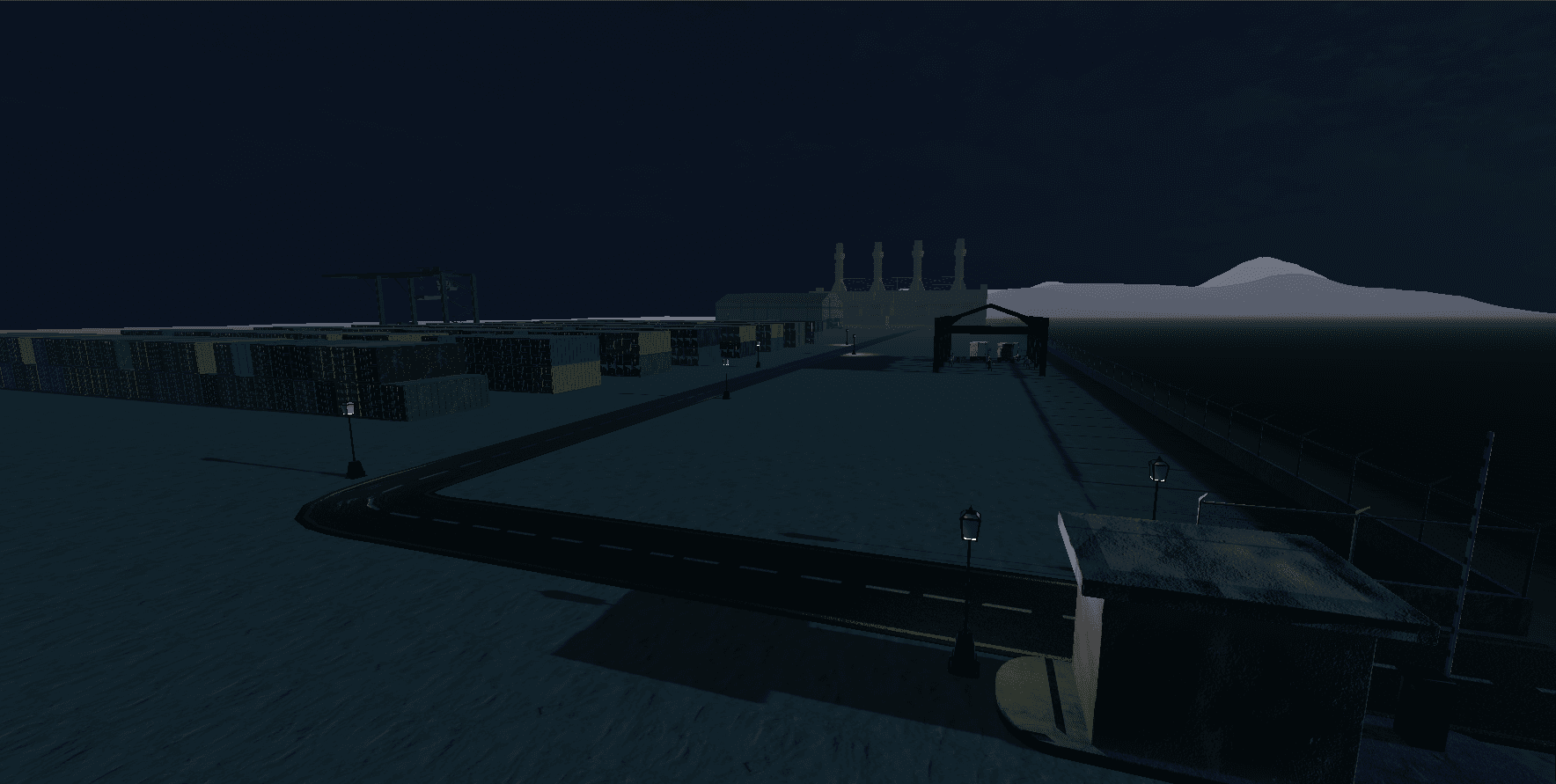 Wide nighttime view of Mafia Simulator's developing port environment.