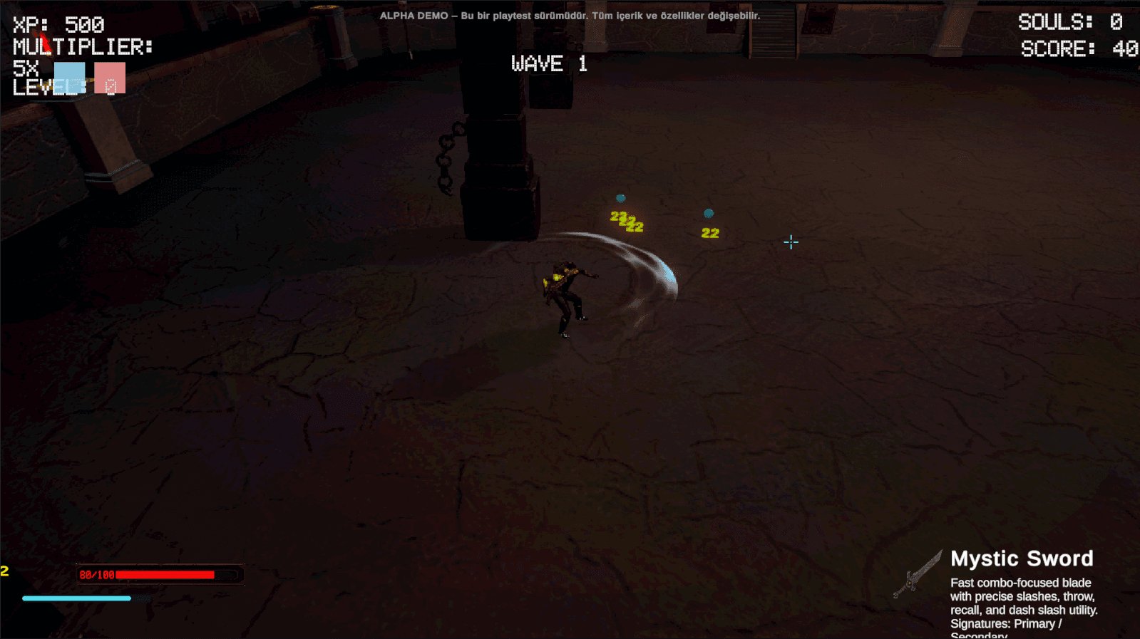 Soulspire character using a sword attack against enemies in the arena.