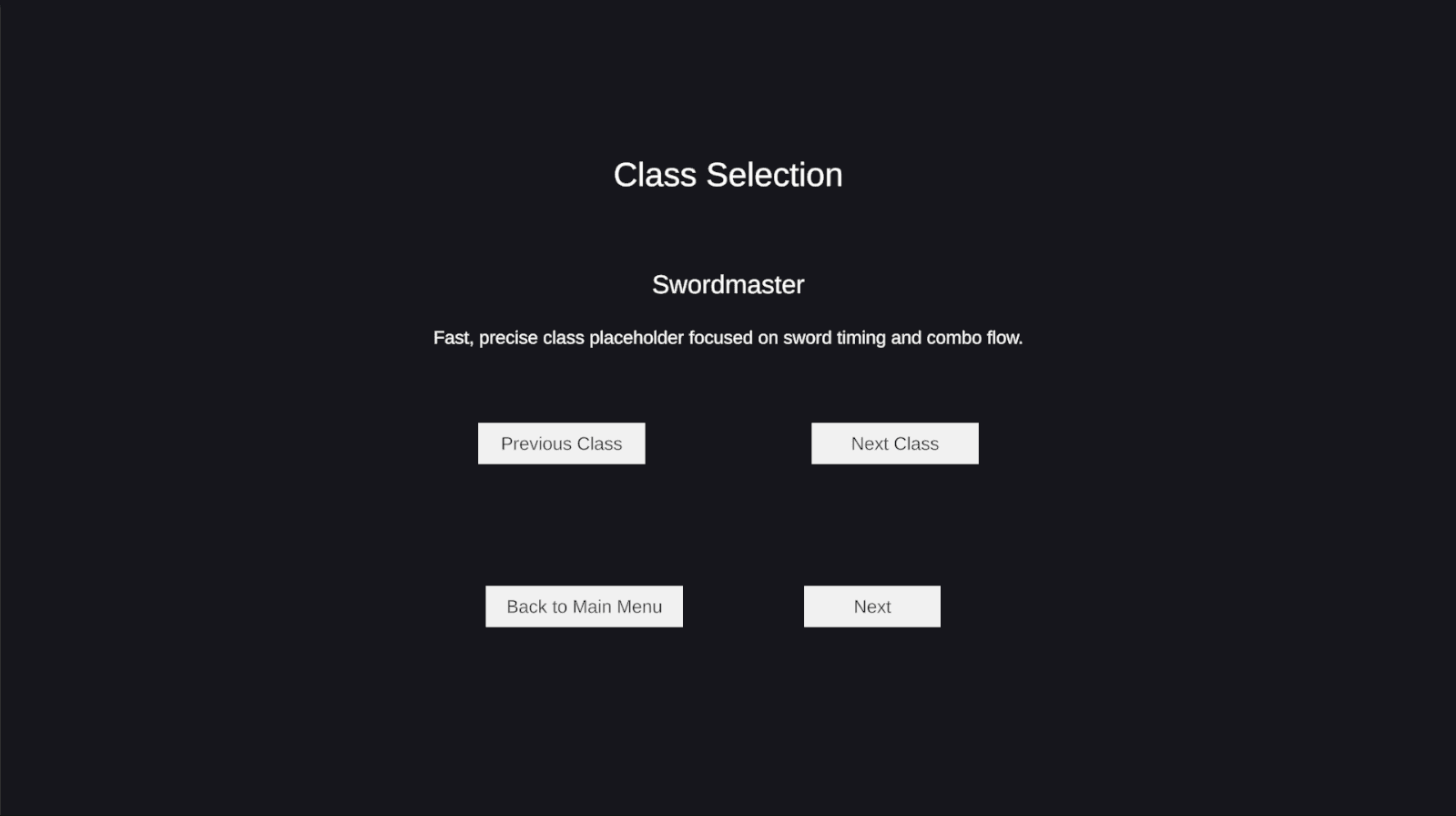 Soulspire class-selection screen presenting the Swordmaster option.