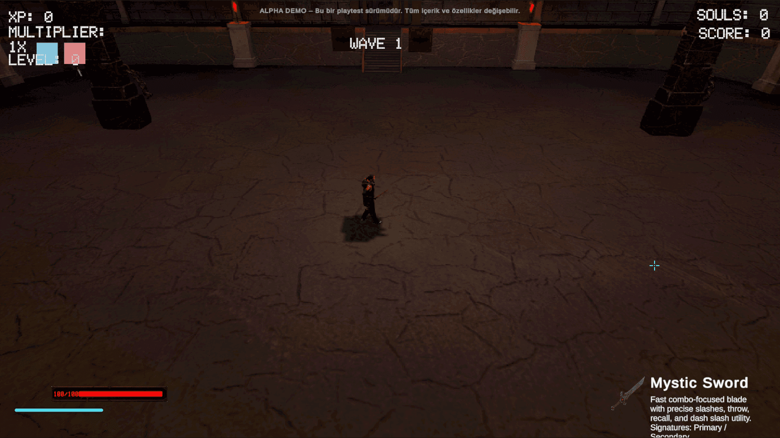 Soulspire character moving through the arena during the first wave.
