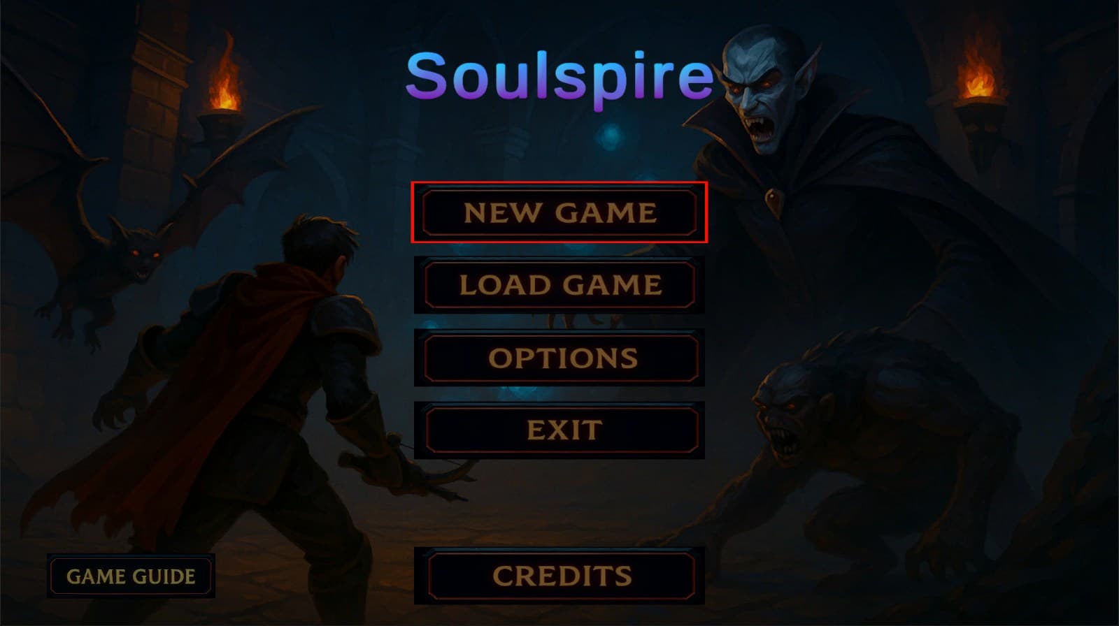 Soulspire main menu with new game, load game, options, and exit controls.