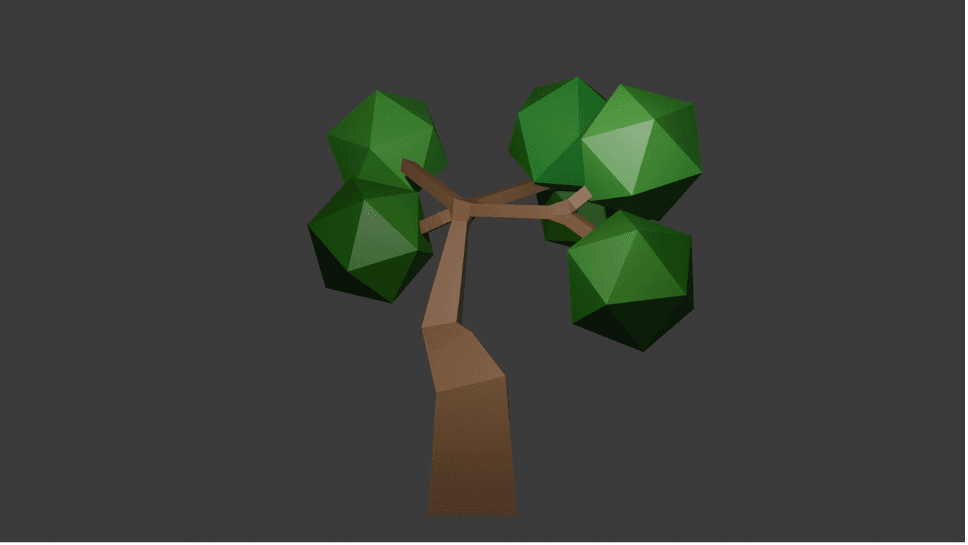 Low-poly tree Blender study with faceted geometric leaf clusters.