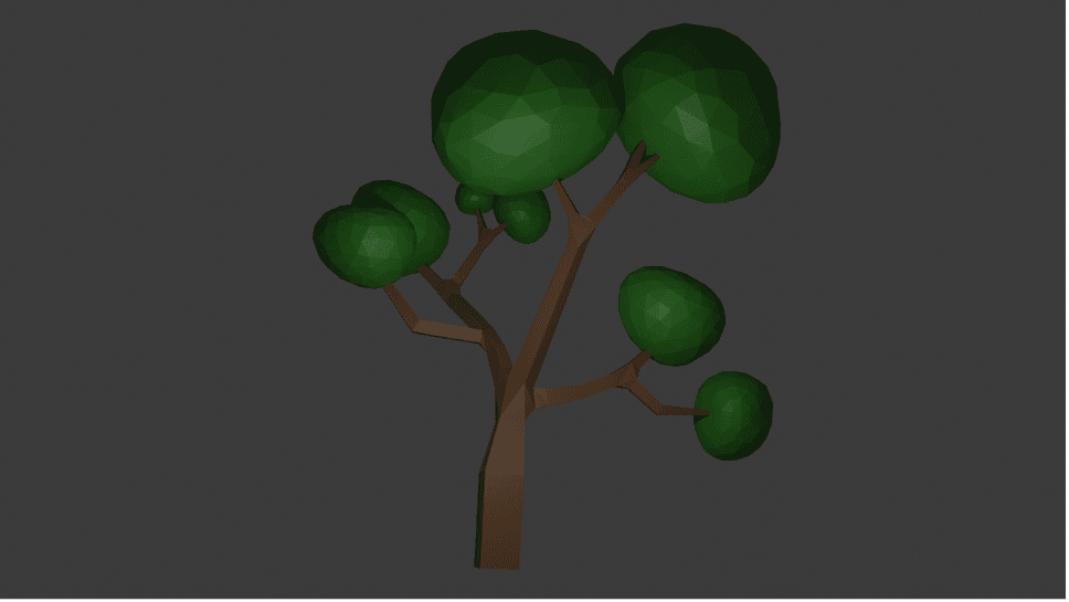 Low-poly branching tree Blender study with rounded faceted foliage.