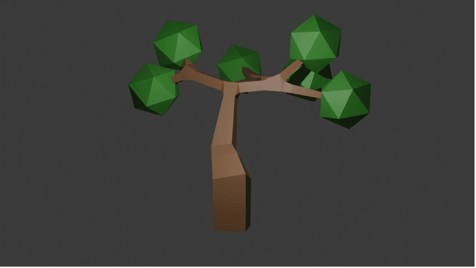Low-poly tree Blender study with broad angled branches and geometric leaf clusters.