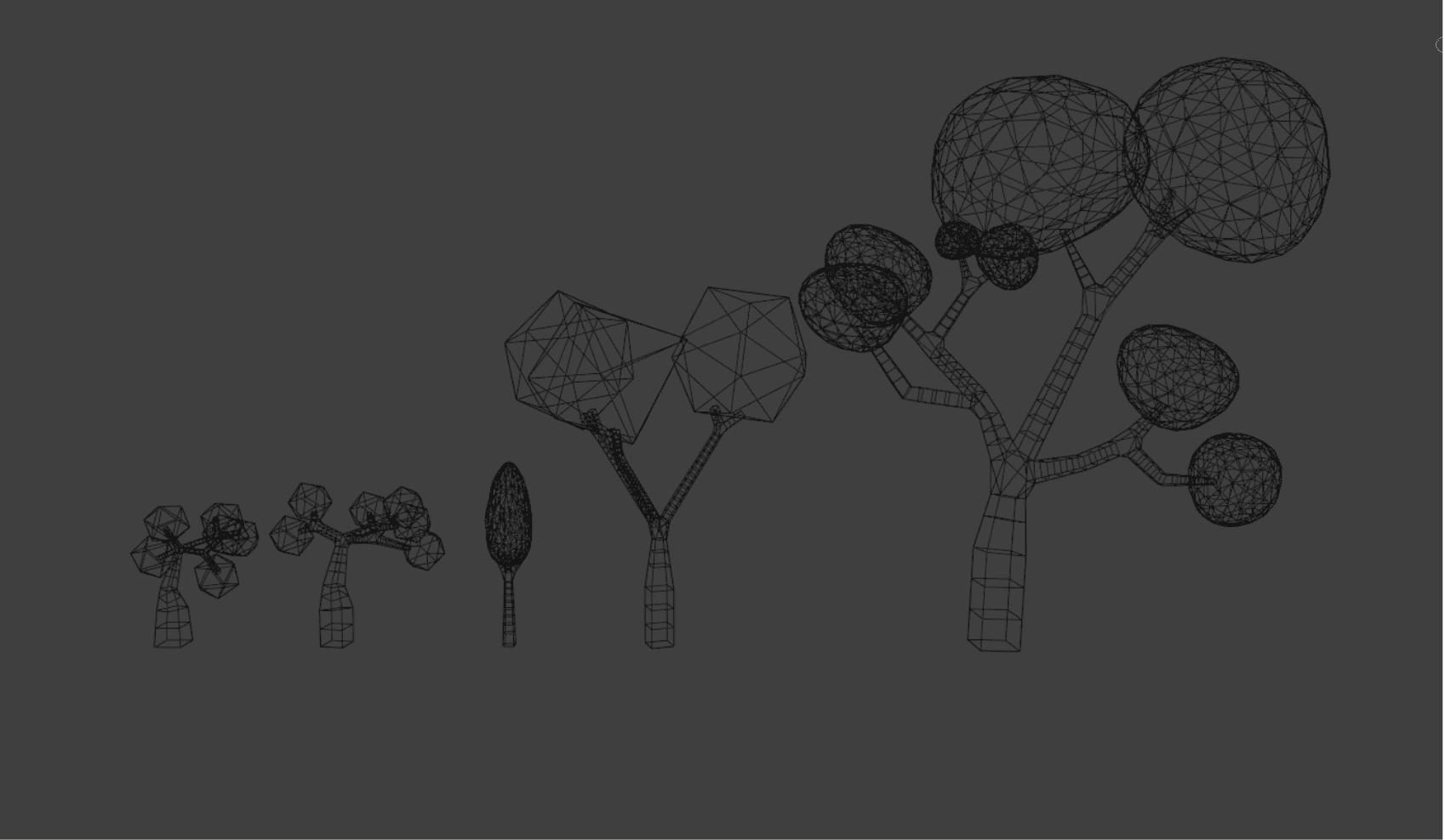 Blender wireframe overview showing several low-poly tree variants and their topology.