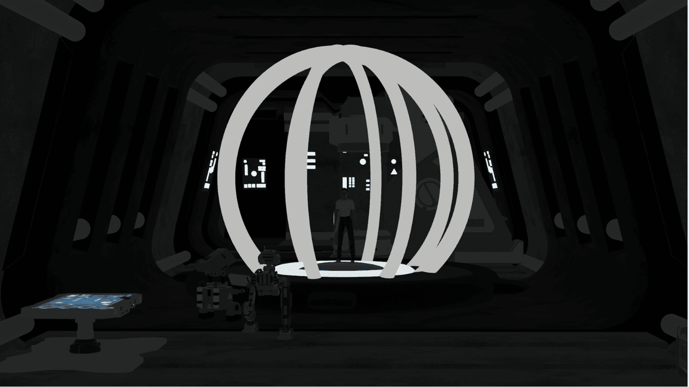 Blender sci-fi scene featuring a bright spherical time-travel machine inside a dark industrial chamber.