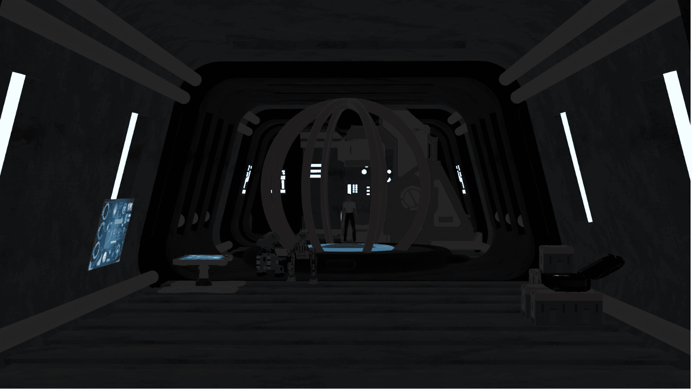 Wide Blender view of a time-travel machine concept inside a dark sci-fi room with control displays.