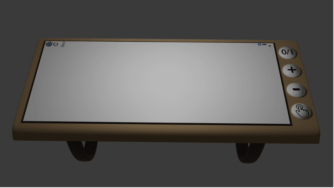 Rendered Blender study of a wrist-worn control terminal with a wide screen and physical side controls.