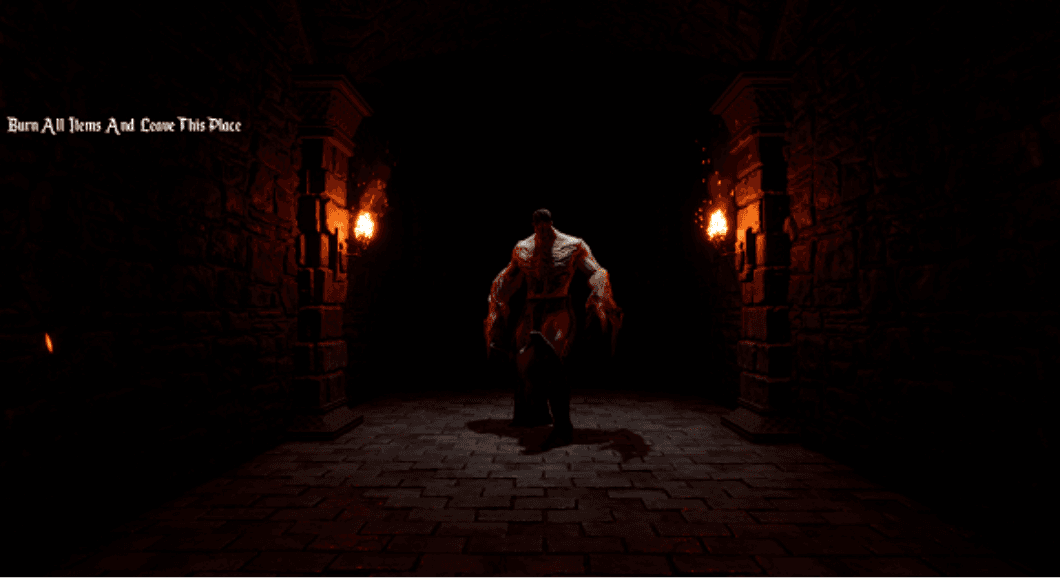 Curse of Kwintet horror prototype encounter in a torch-lit stone corridor.