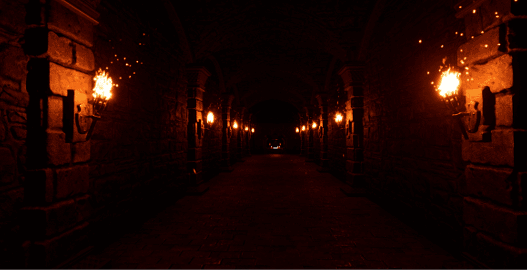Curse of Kwintet stone corridor illuminated by repeated wall torches and fire particles.