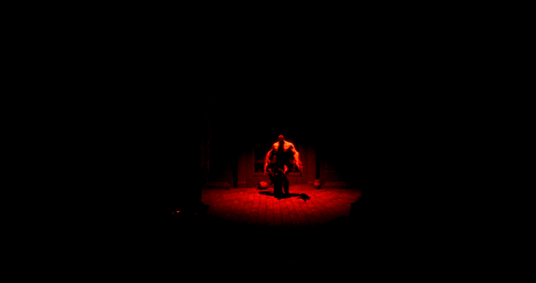 Curse of Kwintet prototype encounter with a figure isolated under red environmental lighting.