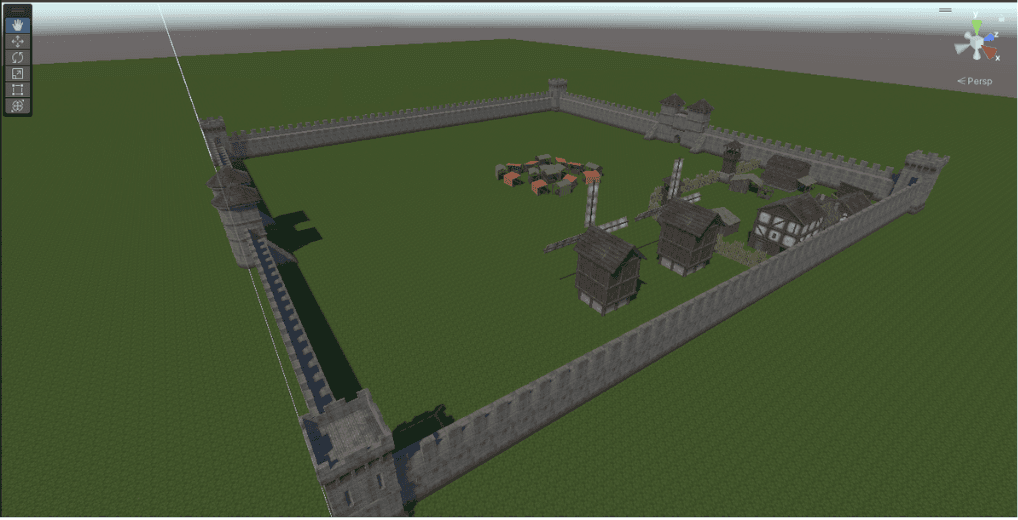 Unity development view showing the full fortified outpost used in the Far Cry-inspired FPS study.