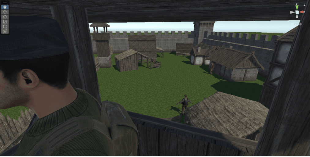 Unity development view looking into the outpost with an AI character visible below a watch position.
