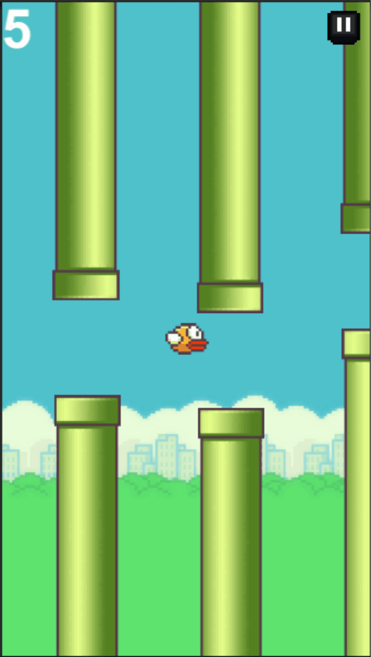 Portrait Flappy Bird learning-project gameplay with a score, bird, and alternating pipe obstacles.