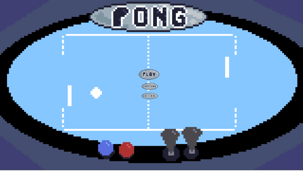Pixel-art Pong recreation menu framed as an arcade cabinet screen.