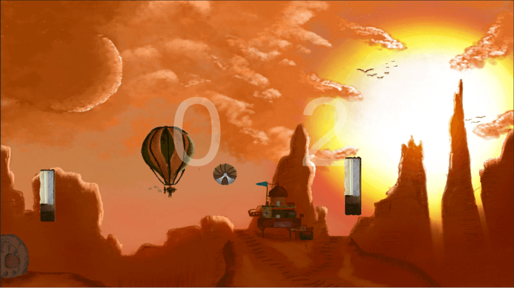 Pong recreation gameplay with two paddles, a ball, and a score over a stylized desert background.