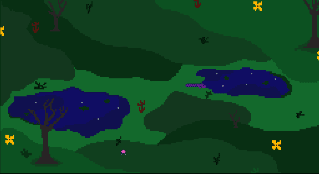 Snake recreation gameplay in a dark pixel-art forest environment with ponds and collectible flowers.