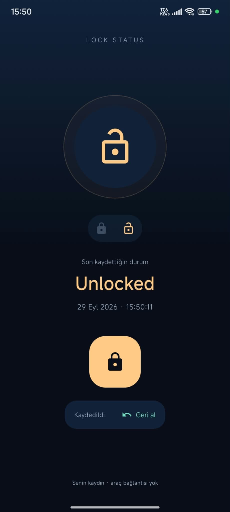 Lock Status Android screen showing the latest state as Unlocked with a timestamp.