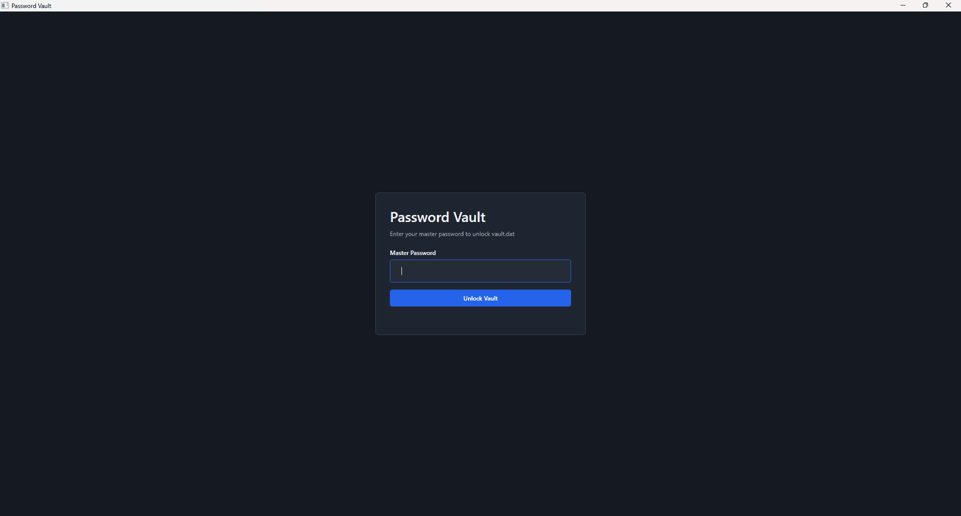 Password Vault desktop unlock screen with an empty master password field.