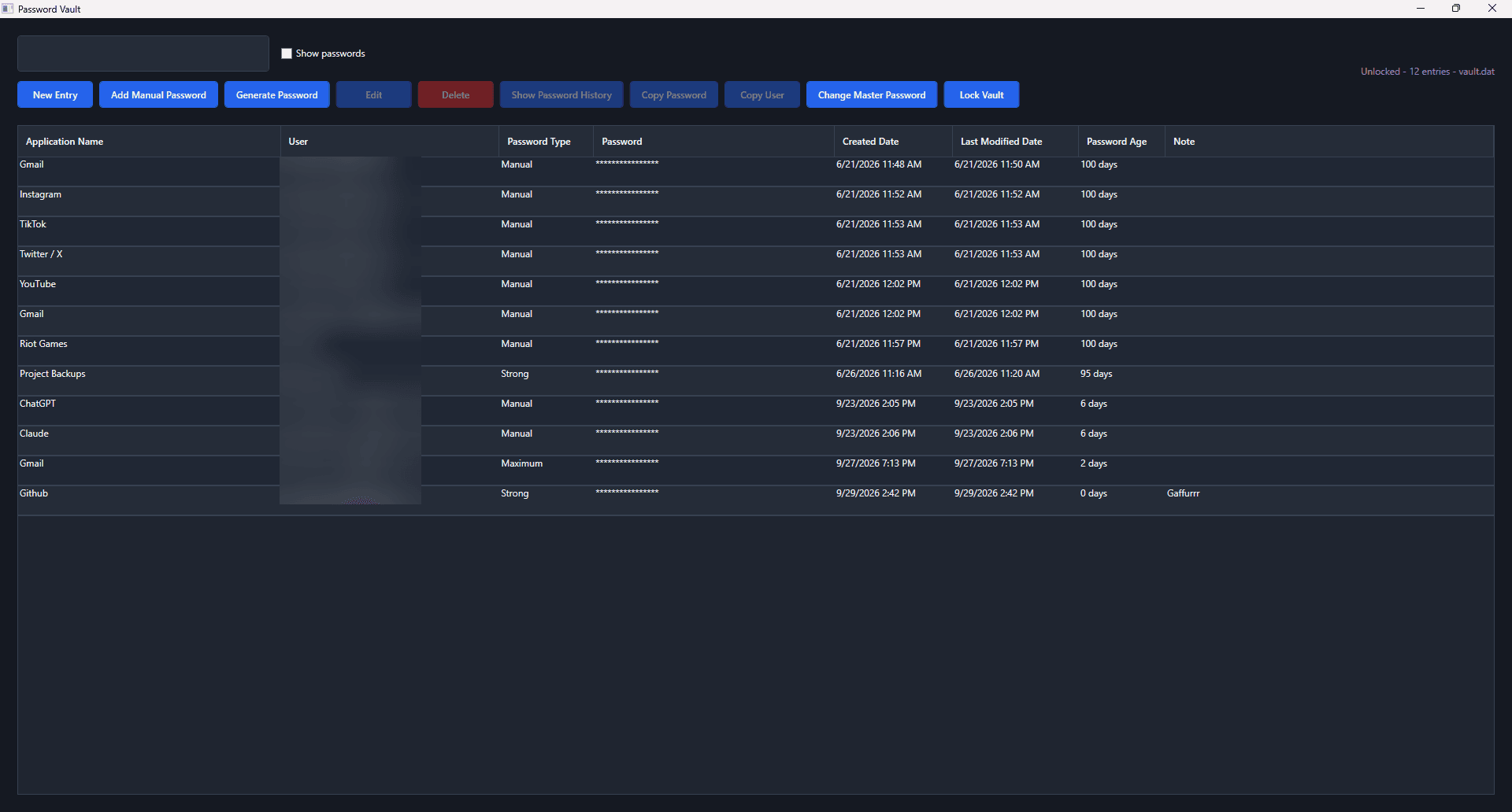 Password Vault desktop entry list with obscured usernames and masked passwords.
