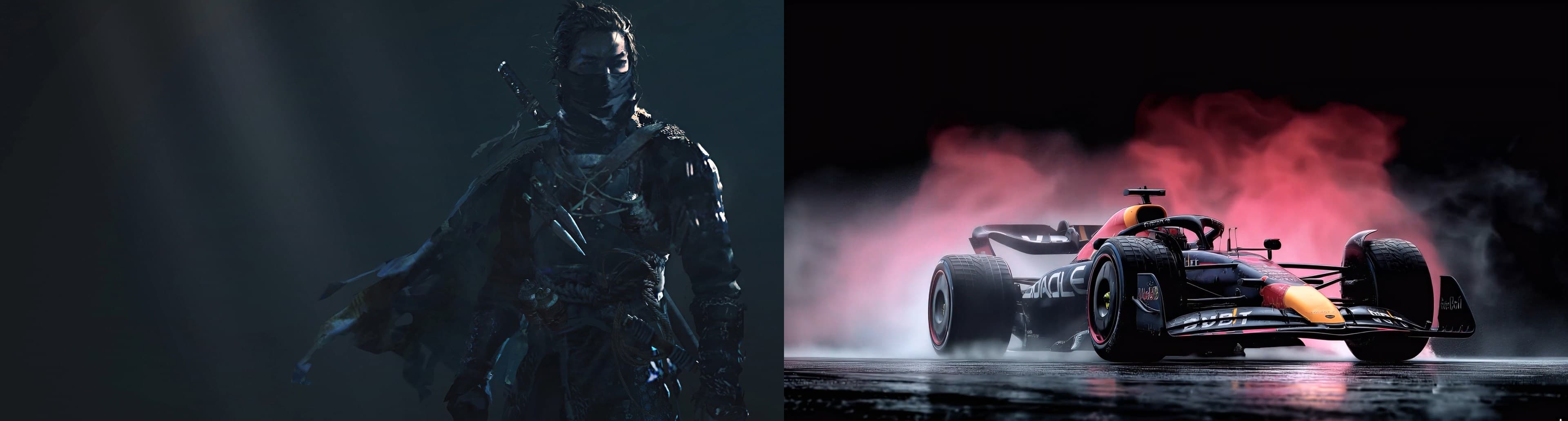 Two monitors showing different video wallpapers.