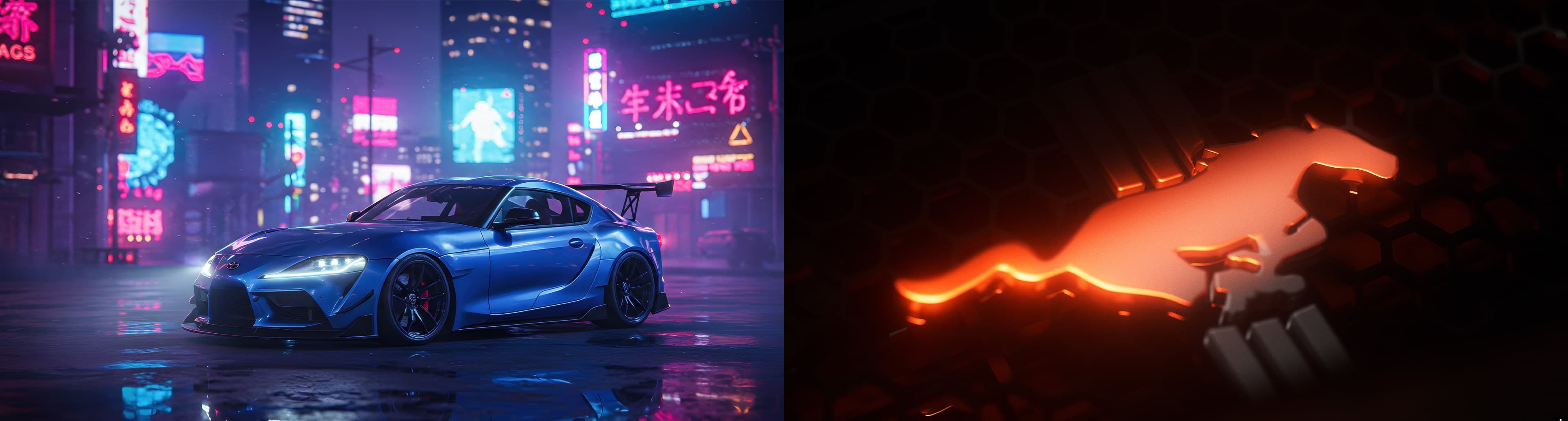 Two monitors showing different static wallpapers.